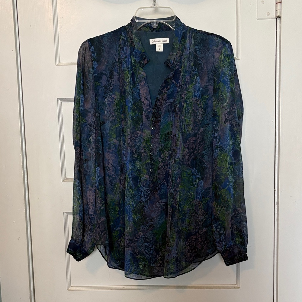 Coldwater Creek Sheer Floral Print Blouse in Navy, Green, Purple